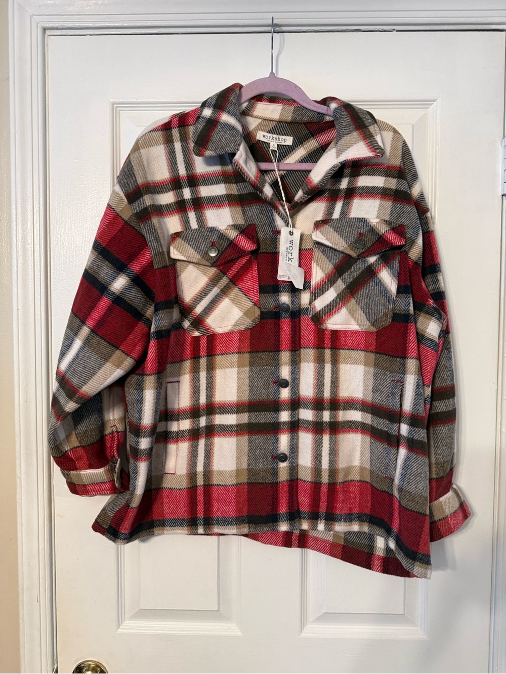 Workshop Republic Clothing Red, Cream and Brown Plaid Kids Shacket